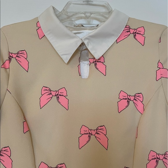 Power Sweet Bow Print Collar Pink Tan Bow Dress - Picture 8 of 15